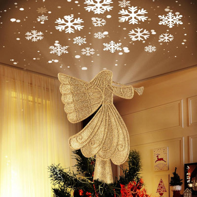 Christmas Angel Tree Topper With Built-In LED Snowflake Projector Lights Hollowed Pentagram Tree Top With Gold Spangles Plated Plug In For Indoor Outdoor Christmas Decorations, Gold