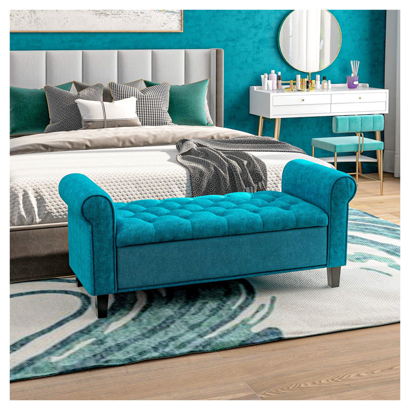 Banc de rangement rembourré de 50 po avec accoudoirs roulés, siège en velours capitonné et pieds en bois pour la chambre à coucher ou le vestibule, bleu sarcelle HOMcom