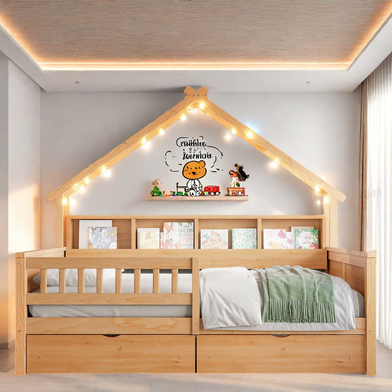 Lit plateforme House avec DEL, tablettes de rangement, tiroirs et garde-corps, Naturel