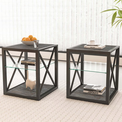 Ensemble de 2 tables de bout modernes - Verre trempé et grain de bois rustique - Industriel
