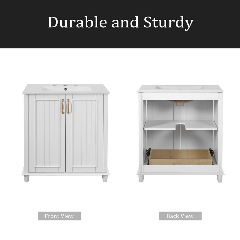 Meuble-lavabo de 30 po avec lavabo en céramique, ensemble de meuble-lavabo autoportant avec tiroir caché, armoire de rangement pour la salle de bain