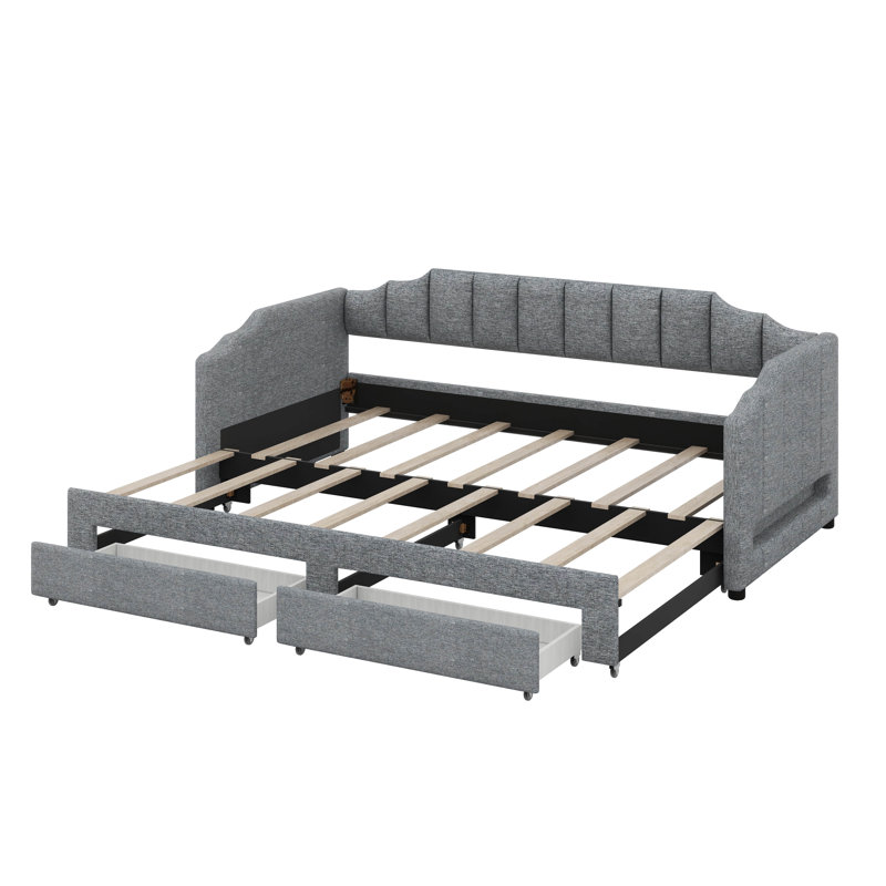 Daybed With Storage Drawers & Pop Up Trundle, Upholstered Extendable Daybed With LED Lights, Gray