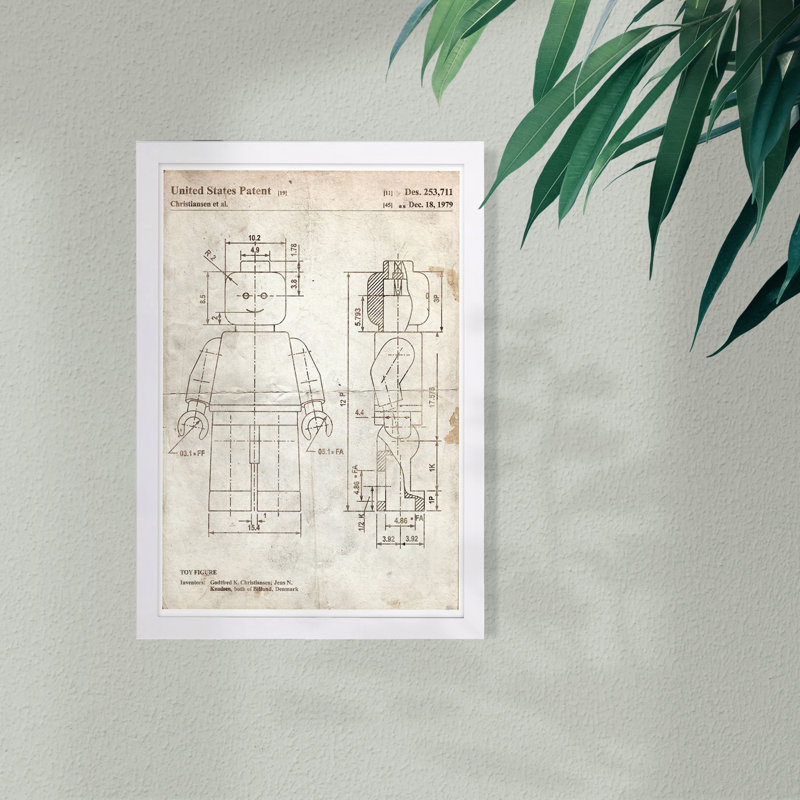 White and Brown Framed Lego Toy Patent Wall Art Print