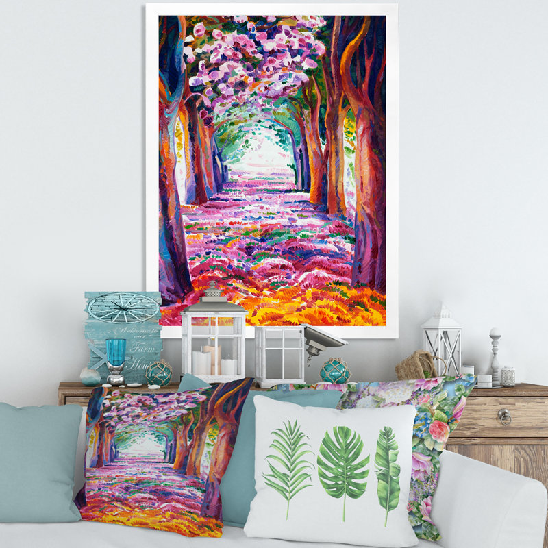 Forêt rose au printemps - Peinture sur toile, H 32 po x l 16 po x P 1 po, Cadre photo blanc