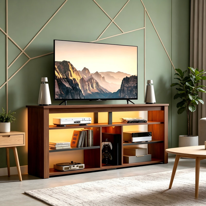 Grand meuble télé en bois de noyer, compatible avec les téléviseurs de 65 pouces, avec rangement PS5 et éclairage ambiant à DEL.