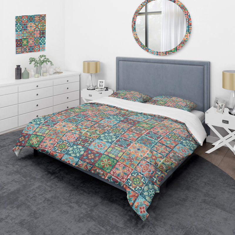 Multicolore carré patchwork - ensemble de housse de couette abstrait - microfibre de polyester
