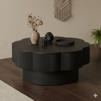 Table basse 31,50 "moderne en forme de fleur, table basse avec rangement Plum Blossom Design - placage en bois naturel, pour salon, appartement, bureau, assemblage simple, finition noire