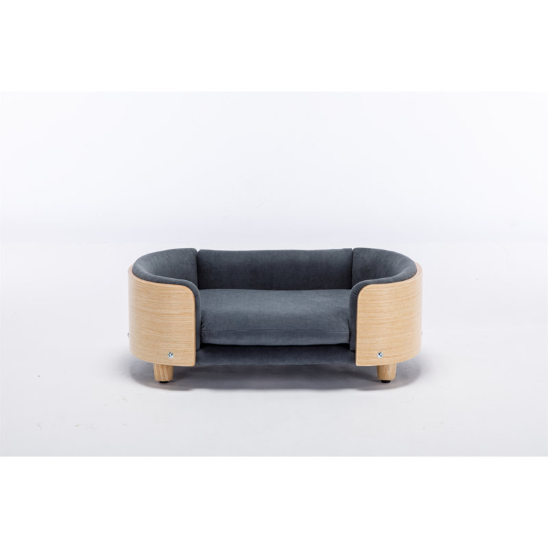Lit pour chien surélevé de style scandinave avec pattes en bois massif et dossier en bois cintré, coussin en velours, taille moyenne, gris foncé