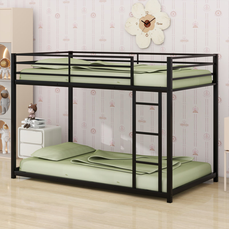 Metal Low Bunk Bed With Ladder, Black