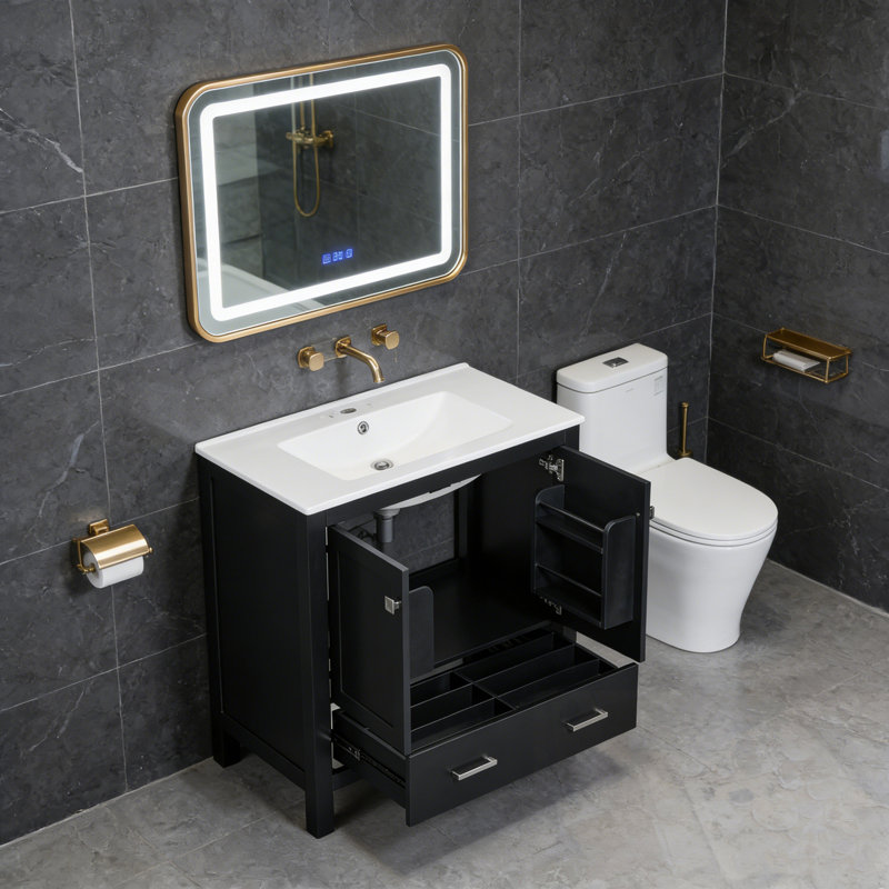 Meuble-lavabo de salle de bain avec lavabo simple, 2 portes et un tiroir, Noir