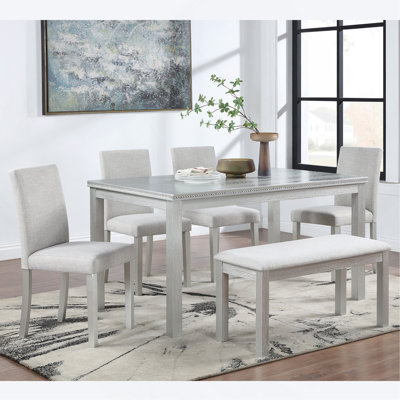 Ensemble de table de salle à manger 6 pièces en bois, table de salle à manger en bois avec 4 chaises rembourrées et banc pour 6 personnes, ensemble de table de salle à manger rectangulaire avec décoration en cristal