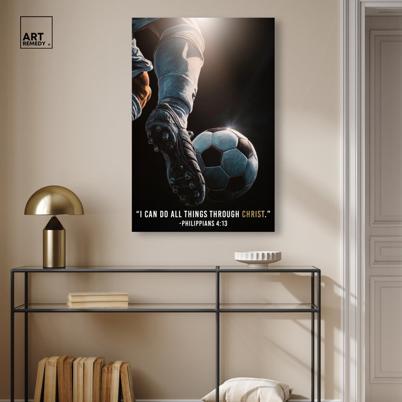 «Art Remedy Through Christ Soccer Ball», reproduction d'art sur toile, 24 po x 36 po, 36"H x 24"W, Canvas Unframed
