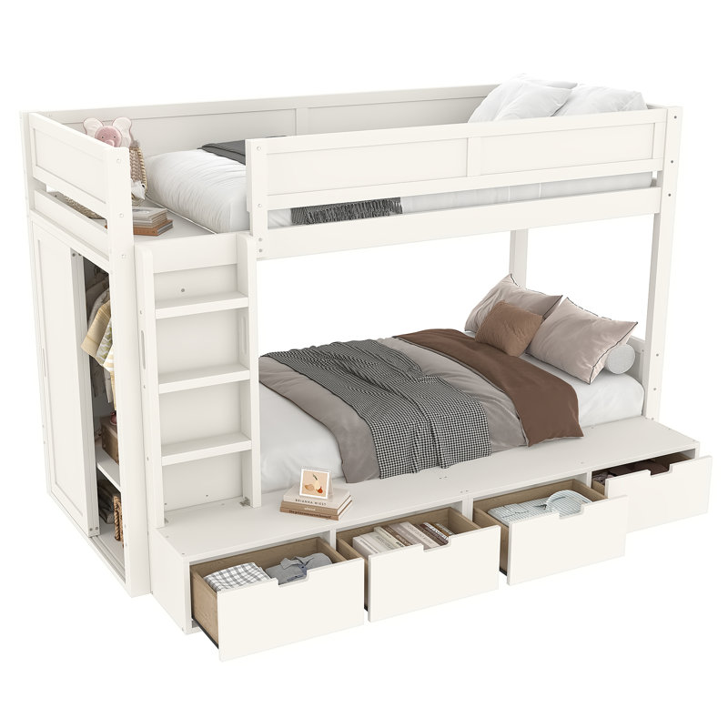 Lit superposé simple au-dessus de simple avec 4 tiroirs de rangement, lit superposé en bois massif avec garde-robe intégrée et garde-corps pleine longueur, sans sommier tapissier, ivoire