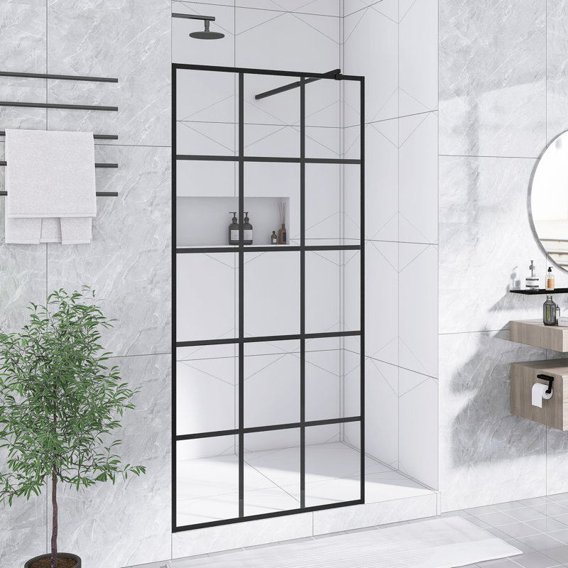 34 In. W × 72 In.H Framed Glass Shower Screen In Matte Black |  1/4"(6Mm) Tempered Glass | Aluminum Frame | Explosion Proof Film |  Stainless Support Bar｜ Waterproof Design