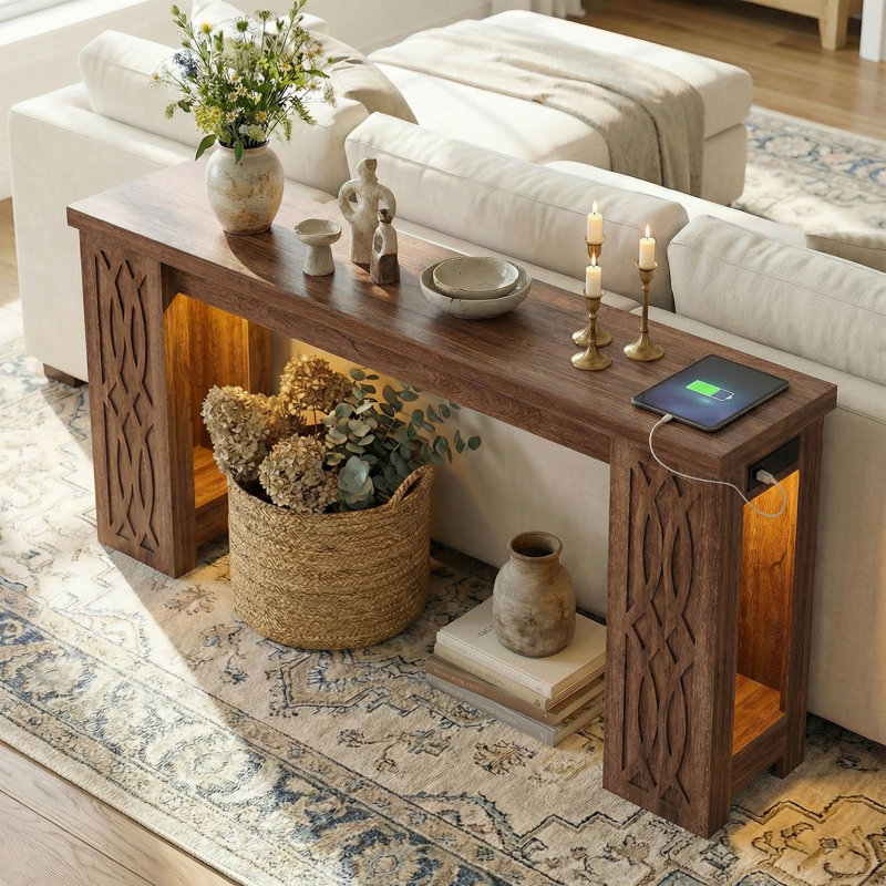 63" Farmhouse Console Table With Charging Station And LED Lights, 33.5" H x 63" W x 13.8" D, Rustic Oak