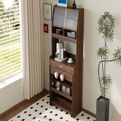 Buffet compact 33,5 x 15,7 x 69 pouces avec huche et table de salle à manger pliable, armoire multifonctionnelle avec tablette de rangement et crochets latéraux pour petits espaces, studio, appartement, noyer