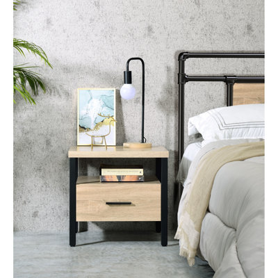 Table d'appoint en chêne et noir, pieds en métal, 1 tiroir de rangement et étagère ouverte, pieds, noir