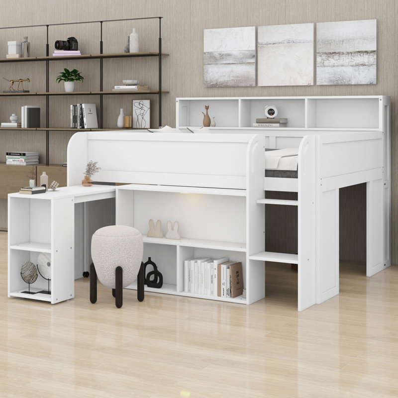 Lit mezzanine en bois avec tablettes de rangement intégrées, bureau d'étude et DEL, Blanc