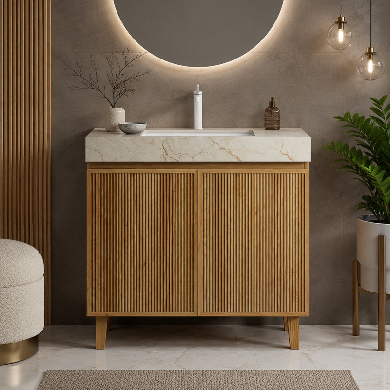Freestanding Standard With Stone Top, Natural Wood, 36" W