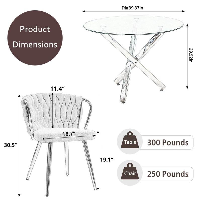 Ensemble repas rond, 5 pièces: table, 4 chaises, Noir, Argent argent