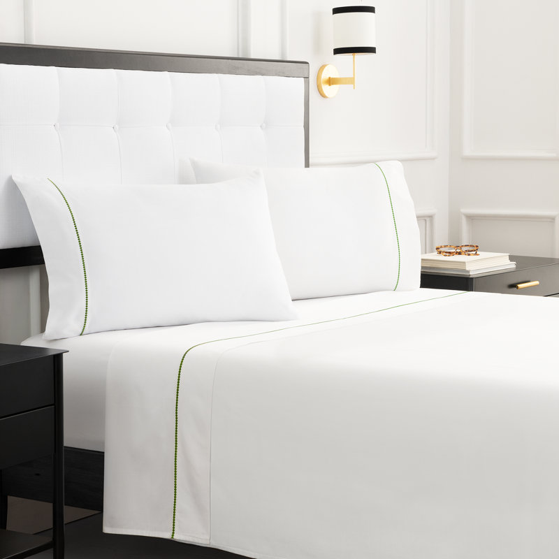 kate spade new york Dot King Sheet Set, 300 Thread Count and 100% Cotton, All Season 4 Piece Bedding Set, White and Green