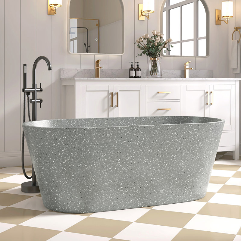 59'' Concrete Freestanding Solid Surface Outdoor Soaking Stone Bathtub Terrazzo, Gray/White