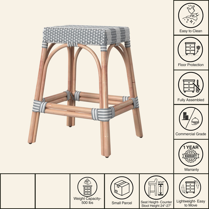 Robias Rattan Bar & Counter Stool, White/Sky Blue Dot / Natural Rattan Frame, Counter Stool (24.5" Seat Height)