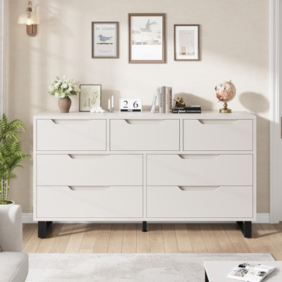 Commode à 7 tiroirs 55 po, large commode horizontale en bois pour chambre et salon