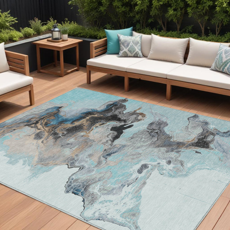 Tapis extérieur lavable abstrait bleu sarcelle et or 9 pi x 12 pi Everette