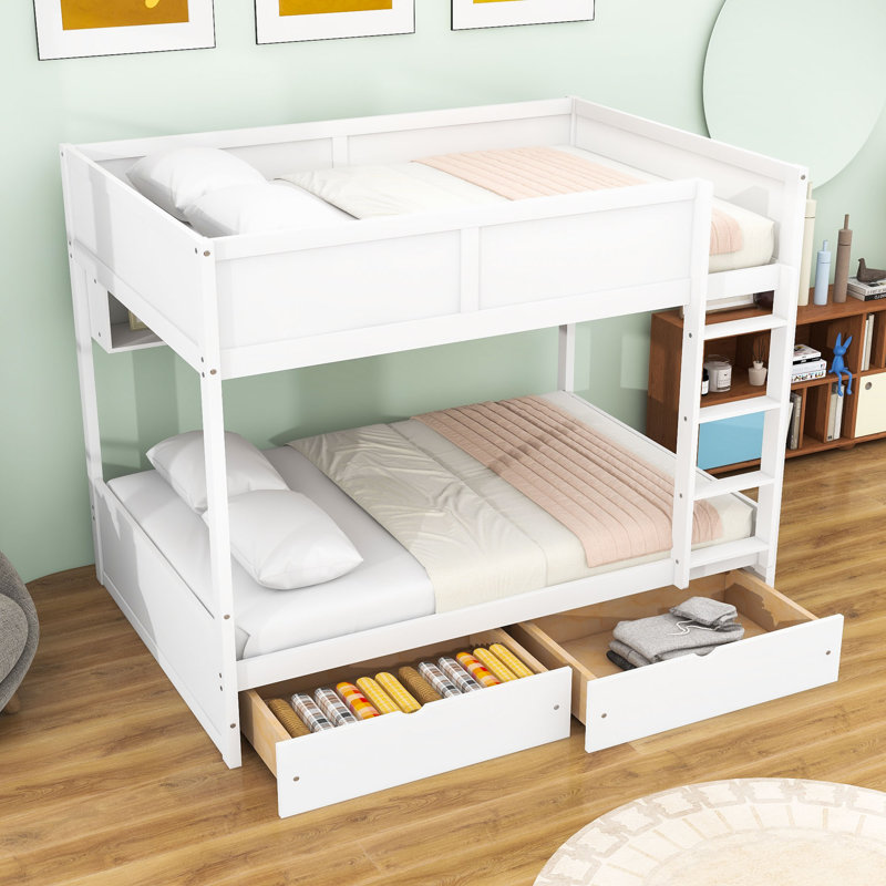 Lit double superposé au dessus d'un lit double avec lumière DEL, 2 tiroirs et tablettes, Blanc