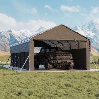 12' x 24' x 9' Heavy-Duty Metal Carport with Enclosed Design, Steel Frame & 220g PE Tarp, All-Weather Vehicle Shelter for Pickup Trucks, Boats, and Tractors
