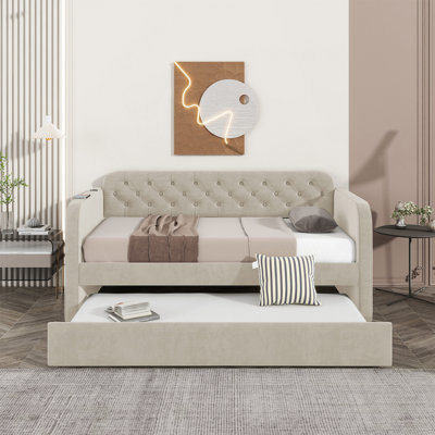 Twin Size Upholstered Daybed With Trundle And USB Charging Design, Velvet Upholstered Daybed Frame, Twin Sofa Bed For Living Room Bedroom