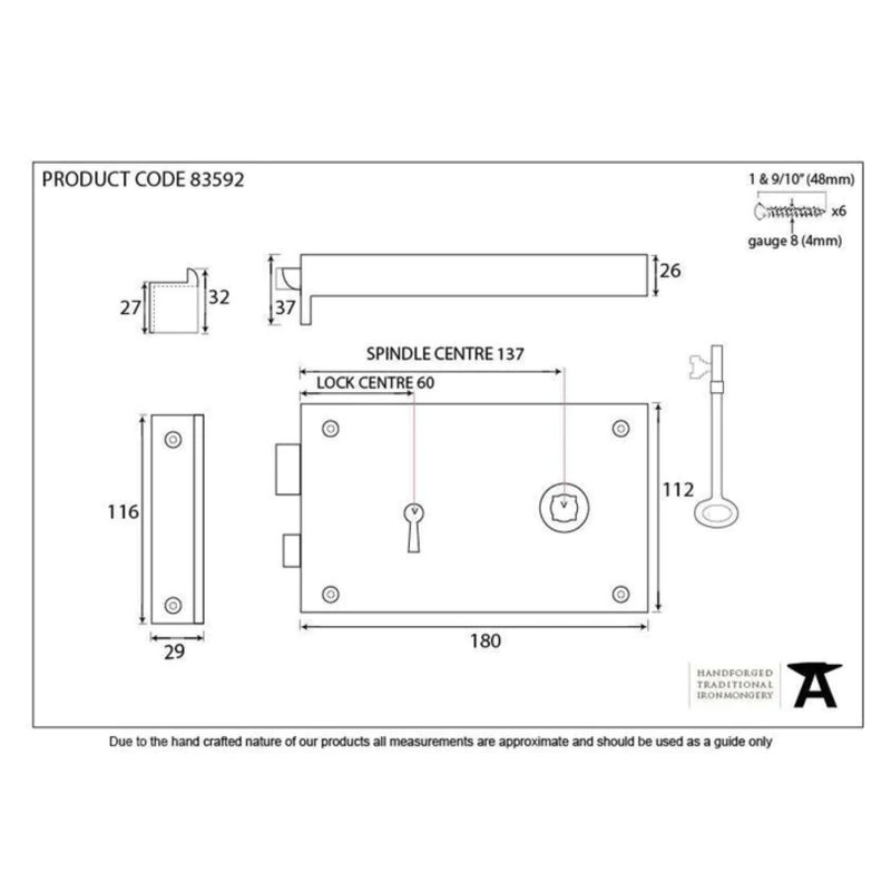 Rim Lock Iron, 11.2cm H x 18cm W x 3.7cm D