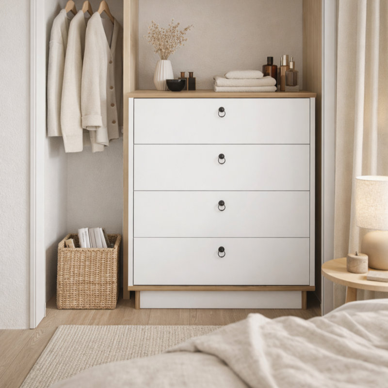 Yanaliz 4 Drawer 32" W Lingerie Chest, White/Oud Oak