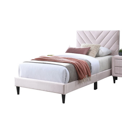 Pink Twin Bed With Adjustable Velvet Headboard, Support, And Contemporary Style Frame No Box Spring, Middle Support Legs