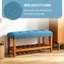 Banc Charla vintage américain de 101,6 cm (40 po) en tissu – Assise capitonnée bleue, pieds fuselés en bois massif, tablette inférieure ouverte, pouf de rangement multifonctionnel pouvant servir de repose-pieds dans l'entrée ou de repose-pieds dans la chambre.