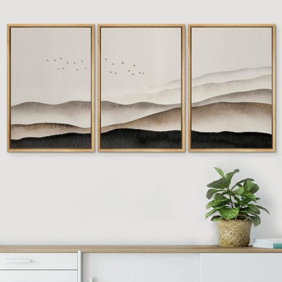 Mountain " Brown Watercolor Misty Mountain Sky Landscape Illustration Modern Art Decor Nordic Calm Zen " 3 - Pieces