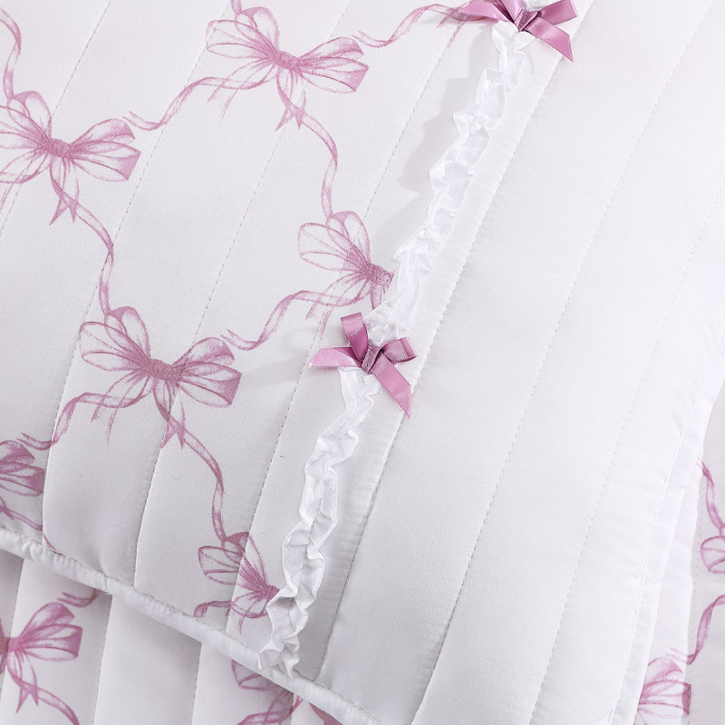 Maisy Bows Mauve White All-Season Embellished Ruffle Reversible Quilt Set, Pink;Cream, Twin Quilt + 1 Sham