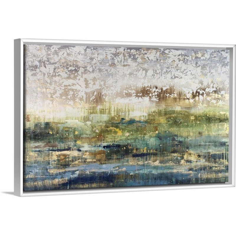 «Emerald and Aqua», peinture sur toile, H 33,7 po x l 49,7 po x p 1,75 po, Cadre flottant blanc