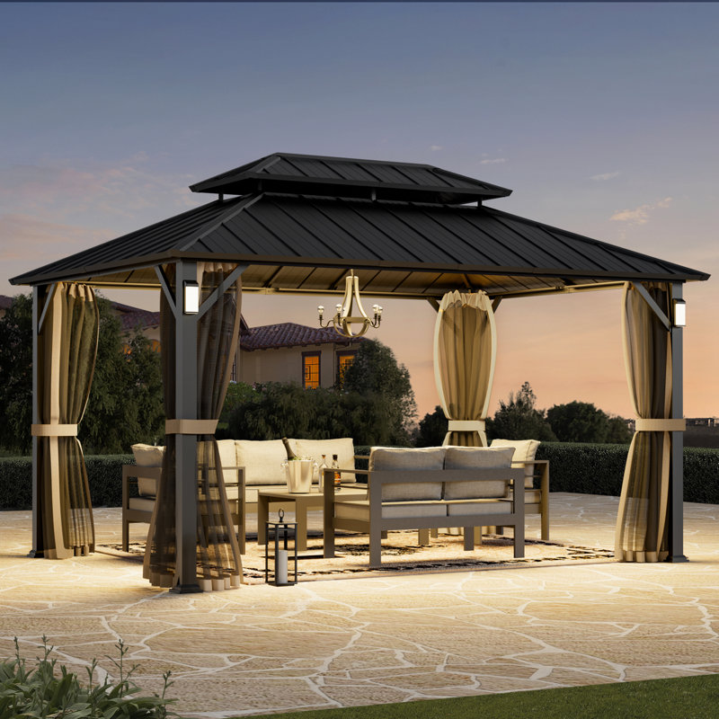 Hamilton 10' x 14' Hard Top Gazebo With Solar Self Powered LED Lights, Mosquito Netting And Canopy Hook