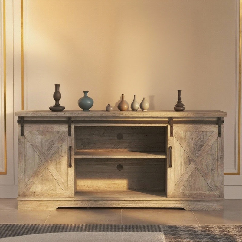 Meuble télé Farmhouse pour téléviseur de 65 po avec portes de grange coulissantes, Gris