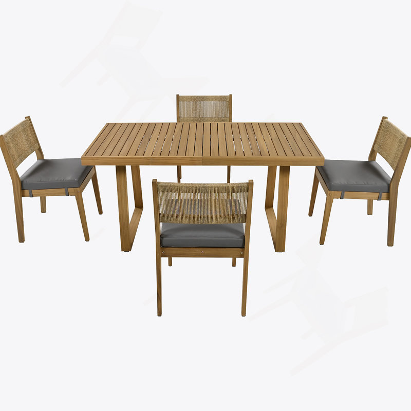 Ensemble de table et chaises d'extérieur en bois d'acacia, coussins épais, Gris