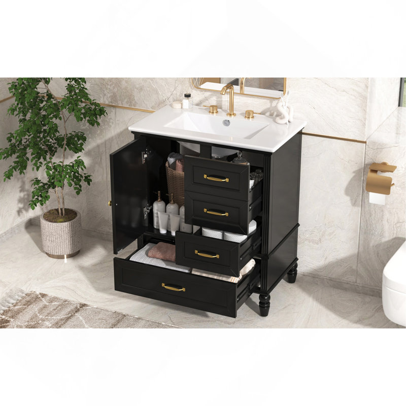 Meuble-lavabo de 30 po avec lavabo, armoire de salle de bain avec porte, trois tiroirs, pieds en bois massif et panneau de fibres à densité moyenne, patins réglables, noir