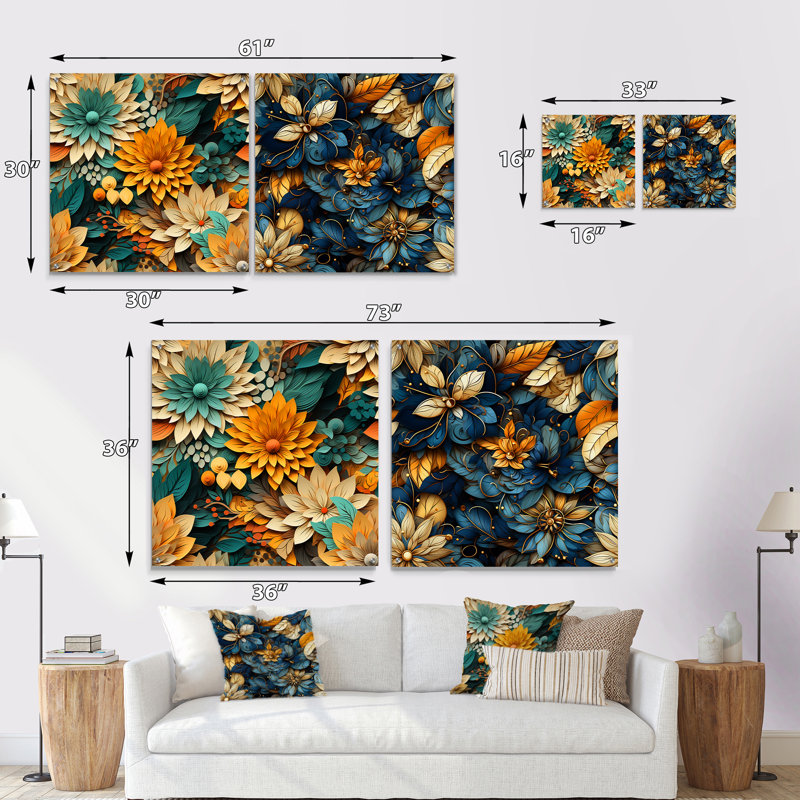 Motif de mandala bohème bleu et beige - ensemble de 2 art mural acrylique en verre floral, H 16 po x l 33 po