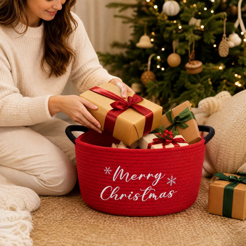 Panier de rangement cadeau de Noël avec emballage, panier de rangement tissé portable pour Noël