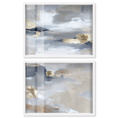 Ensemble d'art abstrait doré Gilded Ash I Shadowbox Print par Art Remedy, cadre blanc, 44 x 33