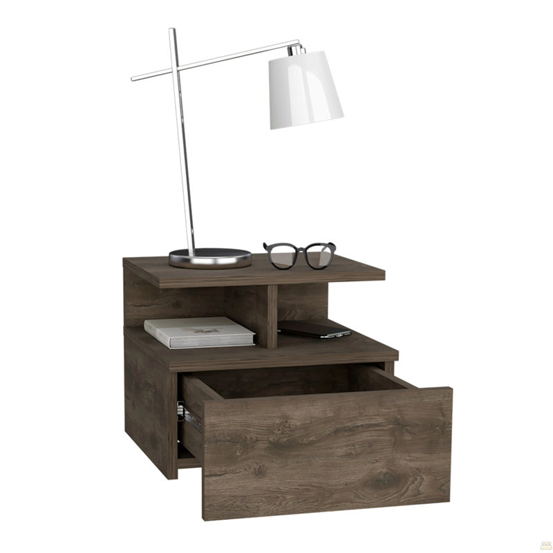 Floating Nightstand With Drawer And Open Storage Shelves, Brown
