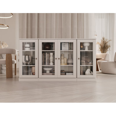 100% Solid Wood 65" Sideboard with Clear Glass Doors and Adjustable Shelves