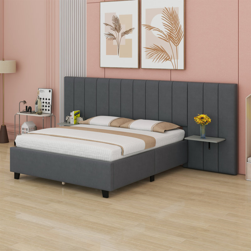 Upholstered Platform Bed With Big Headboard, Queen, Gray