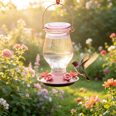 Rose Gold Top-Fill Glass Hummingbird Feeder, 24 Oz Capacity, Wide-Mouth Design For Easy Mess-Free Filling, Soft Flexible Flower-Inspired Feeding Ports With Leak-Proof Gasket, Easy To Clean